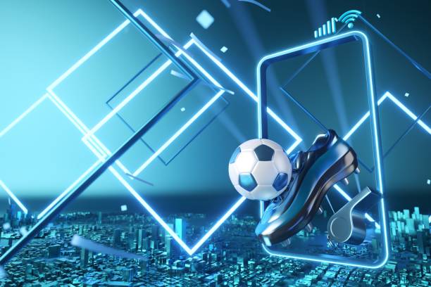 football balls object, sport ball design, football element concept, 3d illustration, abstract football technology, smartphone mobile screen, green grass field, online sport live, casino sport business - 電競 個(gè)照片及圖片檔